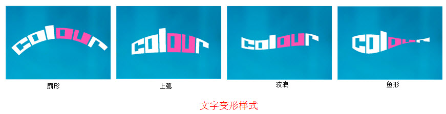 扇形、上弧、波浪、鱼形的文字变形样式