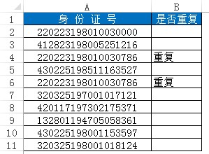 excel筛选身份证重复